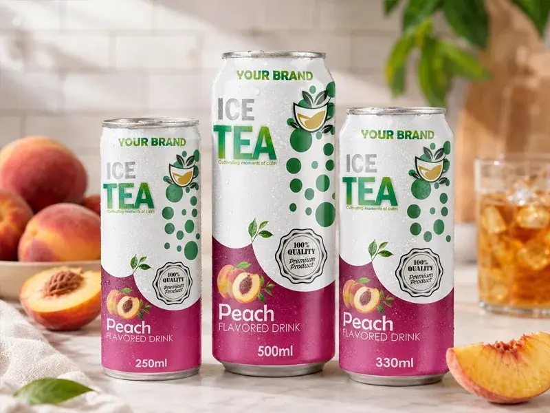 ICE TEA Peach flavored drink cans in 250ml, 330ml and 500ml sizes.
